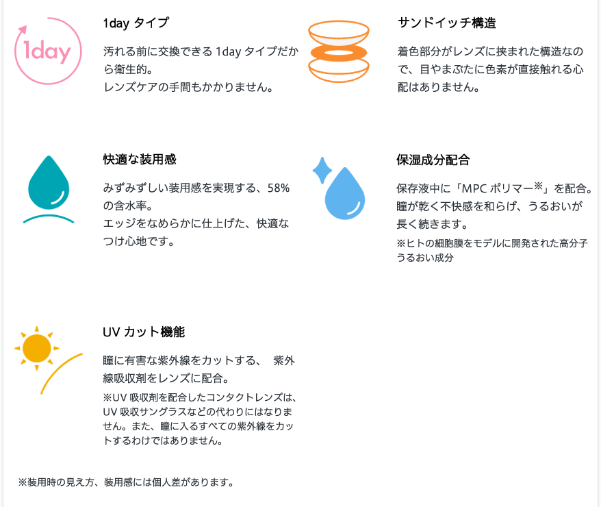 1dayタイプ、サンドイッチ構造、快適な装用感、保湿成分配合、UVカット機能