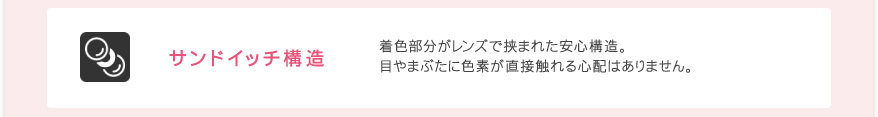 サンドイッチ構造 着色部分がレンズで挟まれた安心構造。目やまぶたに色素が直接触れる心配はありません。