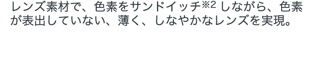 レンズ素材で、色素をサンドイッチしながら、色素が表出していない、薄く、しなやかなレンズを実現。